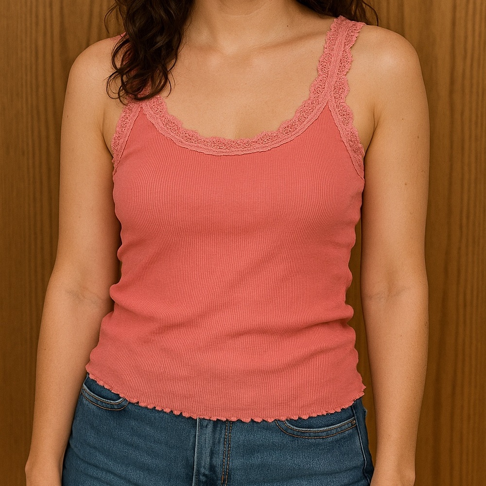 Vintage Y2K Lace Trim Tank Top – Coral Pink‎